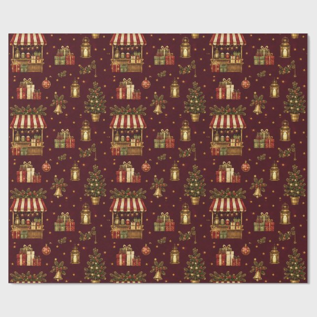 Gammaldags julmarknad Burgundy inslagspapper Presentpapper (Platt)