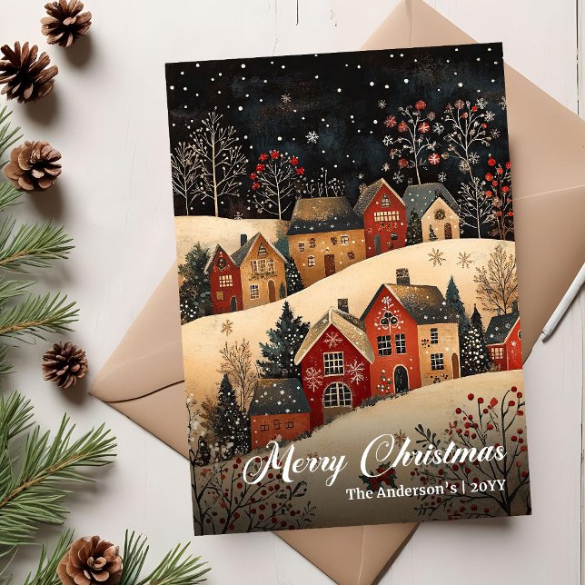 Gammaldags julscen Redigerbar hälsning Julkort (Old Fashioned Christmas Scene Editable Greeting Holiday Card)
