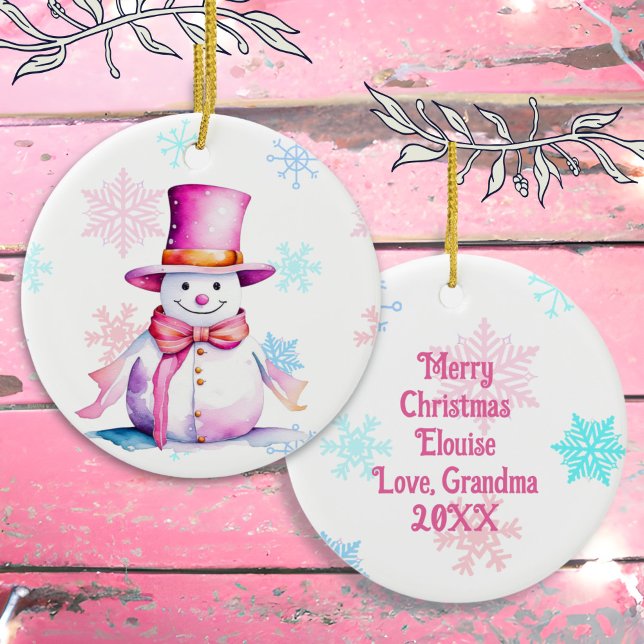 Gammaldags julsnömannen i rosa julgransprydnad keramik (Skapare uppladdad)