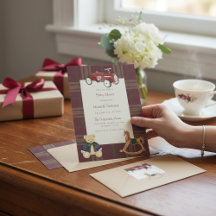 Gammaldags leksaksbil Röd rutig baby shower-inbjud