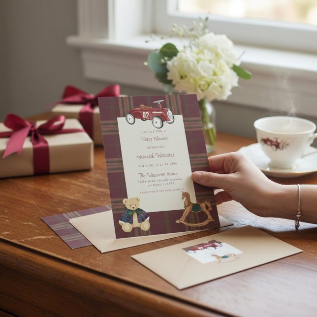 Gammaldags leksaksbil Röd rutig baby shower-inbjud Inbjudningar (Skapare uppladdad)