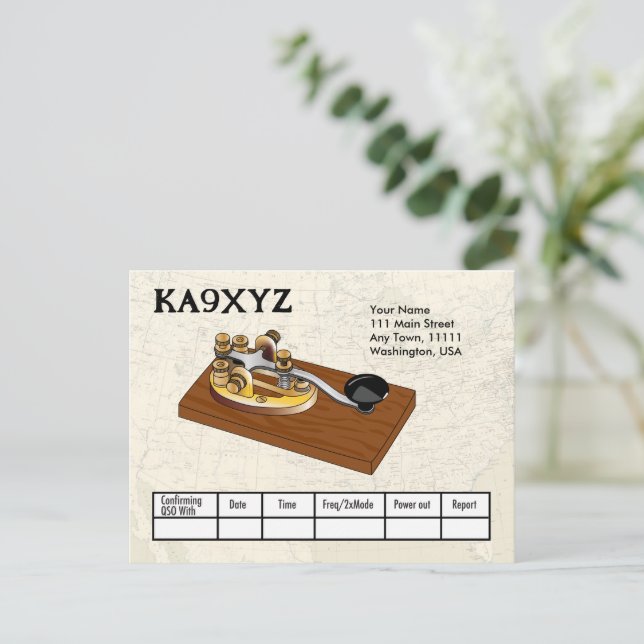 Gammaldags mässingstelegrafertangent Morse-kod QSL Vykort (Stående Fram)