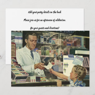 Gammaldags medicin, apotekare och flicka på apotek inbjudningar