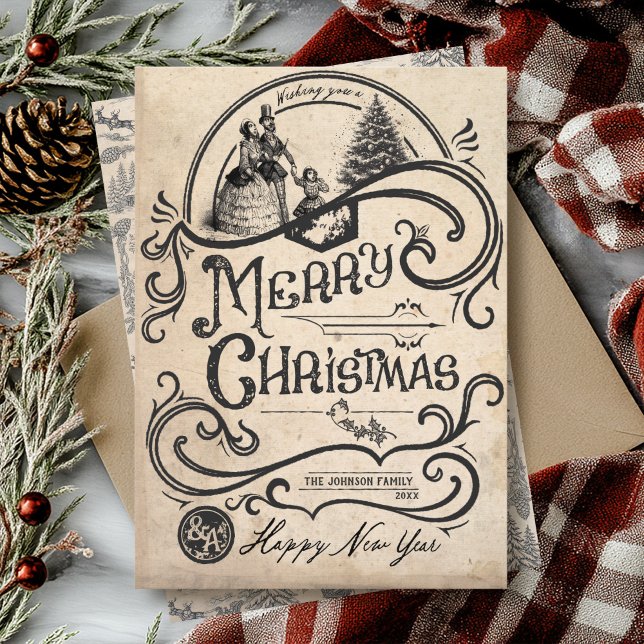 Gammaldags Merry Christmas Carol Dickens Julkort (Elegant old world Charles Dickens Christmas Carol Victorian black illustration vintage Holiday Card)