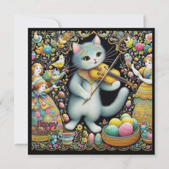 Gammaldags påsk ~ GLAD PÅSK ~ Katt och fiol ~ Julkort (Framsida)