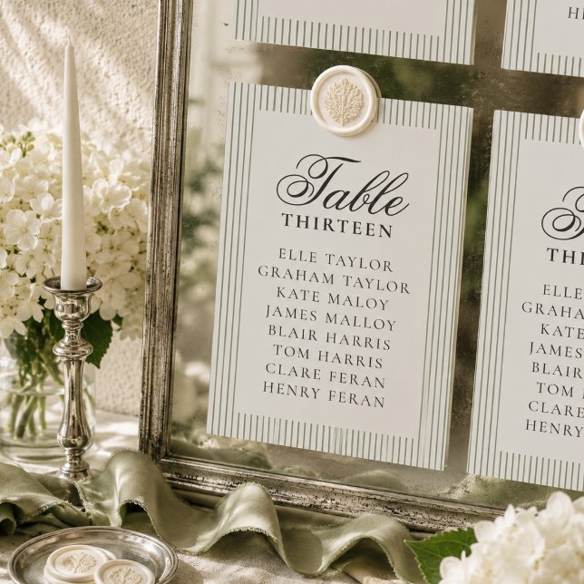 Gammaldags penningklok fönsterrutig bröllopsställn bordsnummer (Old Money Sage Stripe Wedding Seating Chart Table Number)