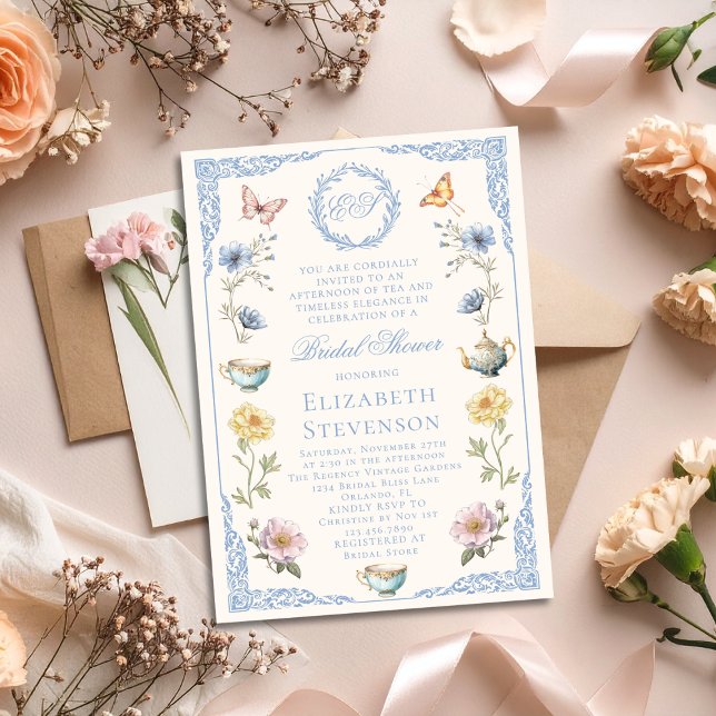 Gammaldags Regency-Floralt Tekalas Bröllopsdusch Inbjudningar (Skapare uppladdad)