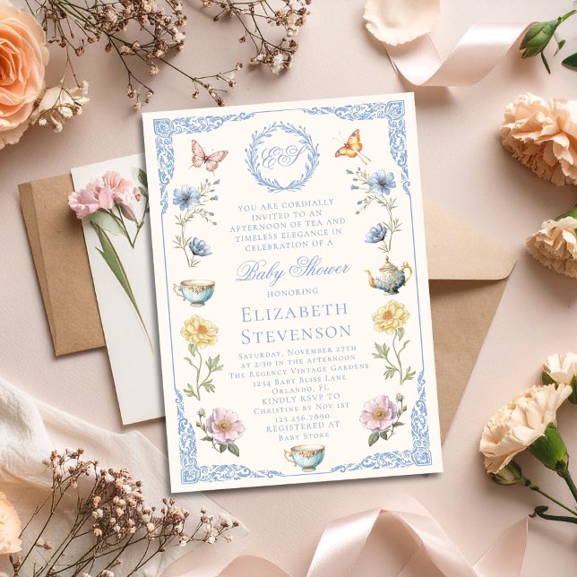 Gammaldags Regency-Floralt Tekalas för Pojkbarn Ba Inbjudningar (Skapare uppladdad)
