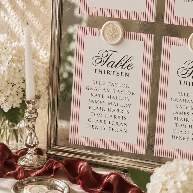 Gammaldags röd randig bröllopsplatskarta bordsnummer (Old Money Red Stripe Wedding Seating Chart Table Number)
