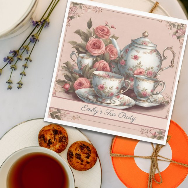 Gammaldags rosa blomsterträdgårdstea firande födel pappersservett (Vintage Pink Floral Garden Birthday Tea Party Napkins)