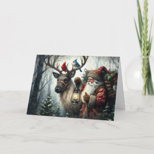 Gammaldags Santa Snöig Skogsmark Ren Fåglar Helgkort