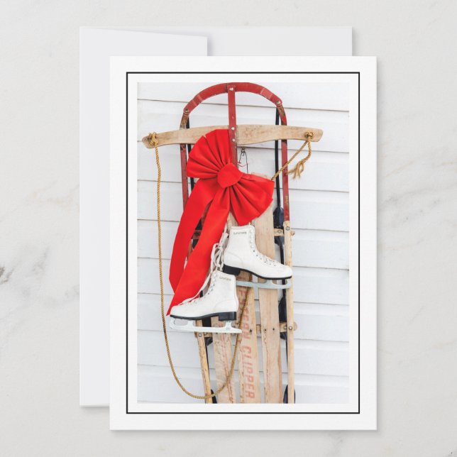 Gammaldags släde med skridskor julkort (Framsida)