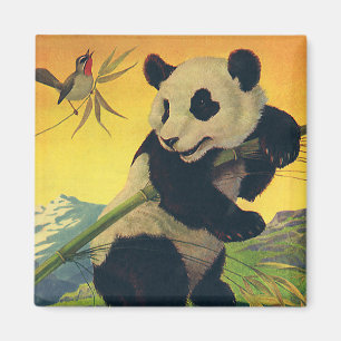 Gammaldags söt panda som äter bambu, vilda djur magnet