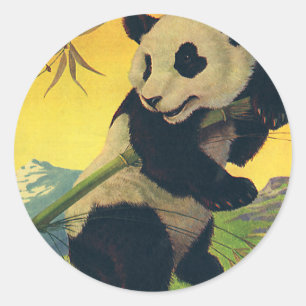 Gammaldags söt panda som äter bambu, vilda djur runt klistermärke