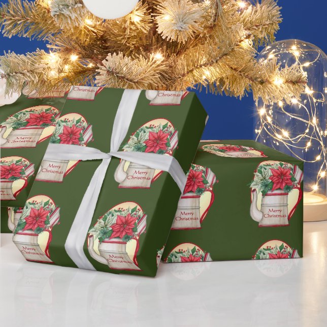 Gammaldags tekanna med julstjärnor jul  presentpapper (Helgdagar)