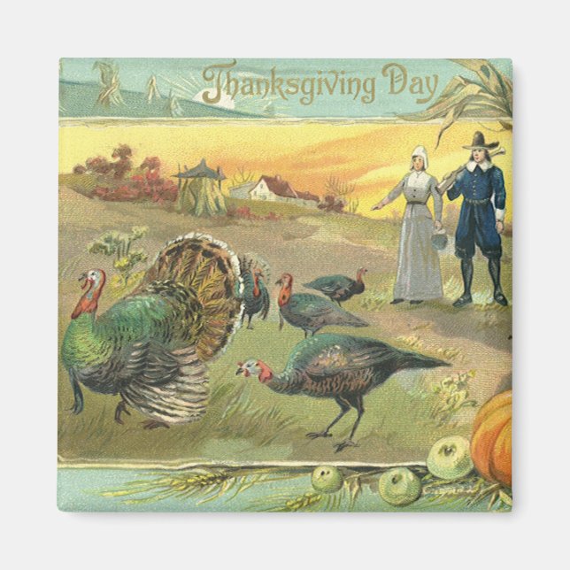 Gammaldags Thanksgiving med kalkoner och pilgrimer Magnet (Framsidan)