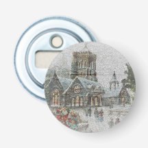 Gammaldags tomte med barn framför en kyrka