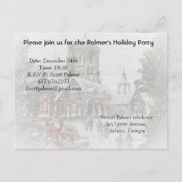 Gammaldags tomte med barn framför en kyrka  inbjudan vykort