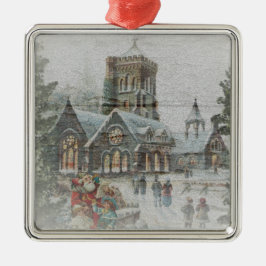 Gammaldags tomte med barn framför en kyrka julgransprydnad metall