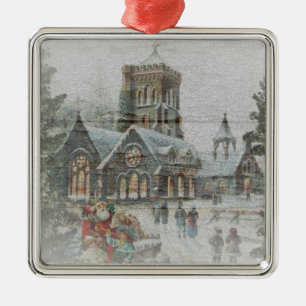 Gammaldags tomte med barn framför en kyrka julgransprydnad metall