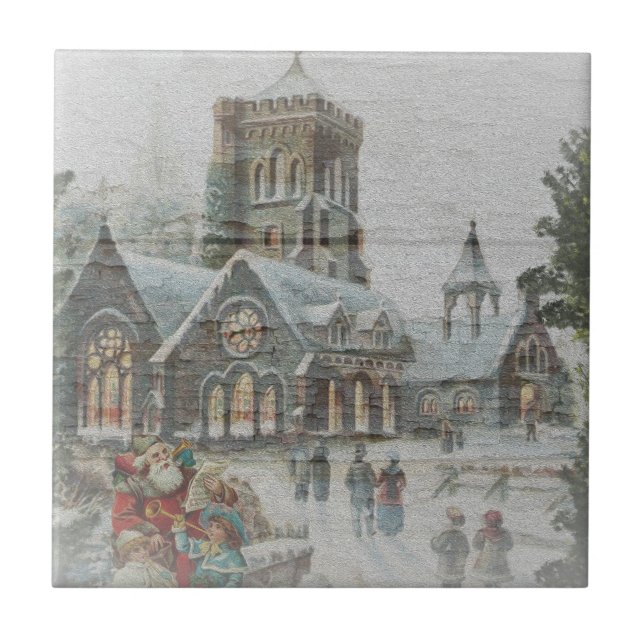 Gammaldags tomte med barn framför en kyrka  kakelplatta (Framsidan)