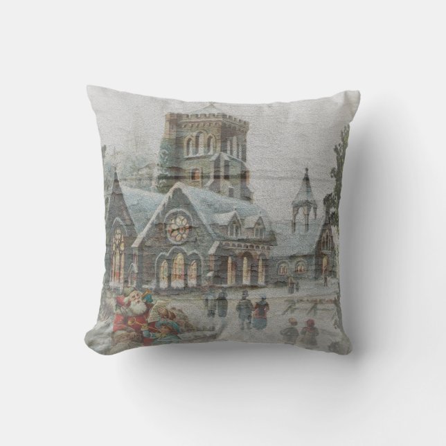 Gammaldags tomte med barn framför en kyrka  kudde (Framsida)