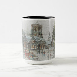 Gammaldags tomte med barn framför en kyrka mugg