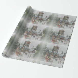 Gammaldags tomte med barn framför en kyrka presentpapper