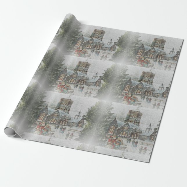 Gammaldags tomte med barn framför en kyrka  presentpapper (Utrullad)