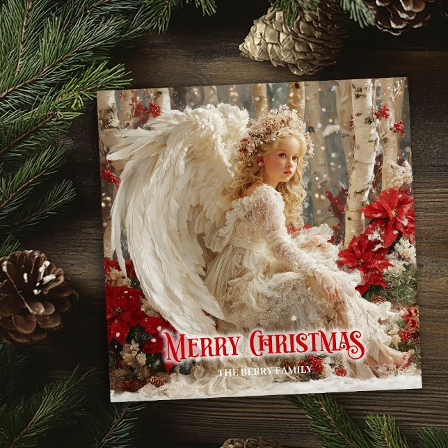 Gammaldags vattenfärg röda vita julkort (Vintage Christmas angel editable holiday greeting card)