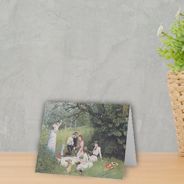 Gammaldags viktoriansk vykort för picknick (Victorian era family picnic in the woods on notecards.)
