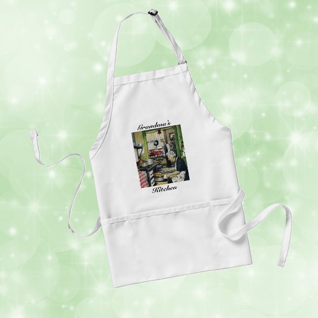 Gammaldags Vintage Hem Julförkläde Förkläde (Holiday dinner in vintage 1940's Grandma kitchen cooking turkey dinner on kitchen apron.)