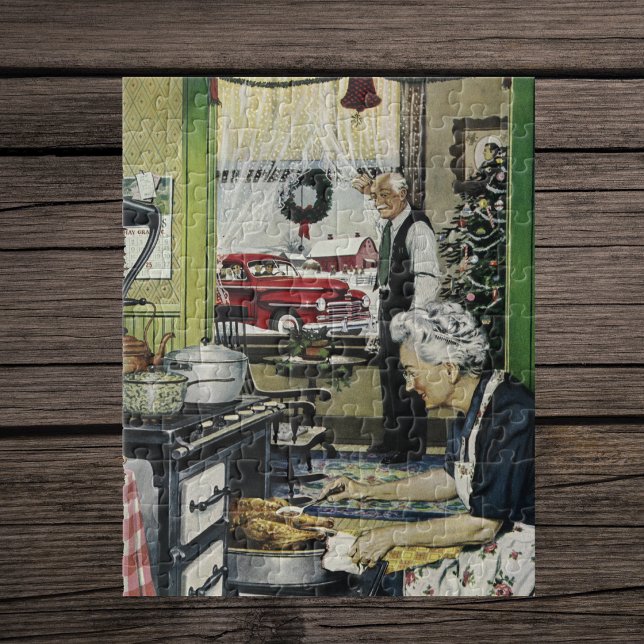 Gammaldags Vintage Hem Kökk Jul Pussel (Vintage holiday image of grandma cooking turkey dinner in 1940's kitchen on jigsaw puzzle.)