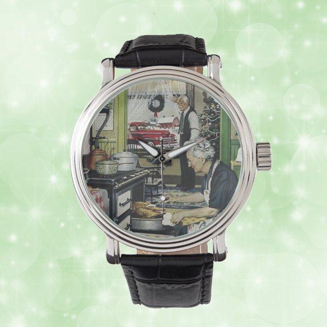 Gammaldags Vintage Hem Kökkjul Armbandsur (Vintage Holiday scene Grandma cooking turkey 1940s era on wrist watch.)