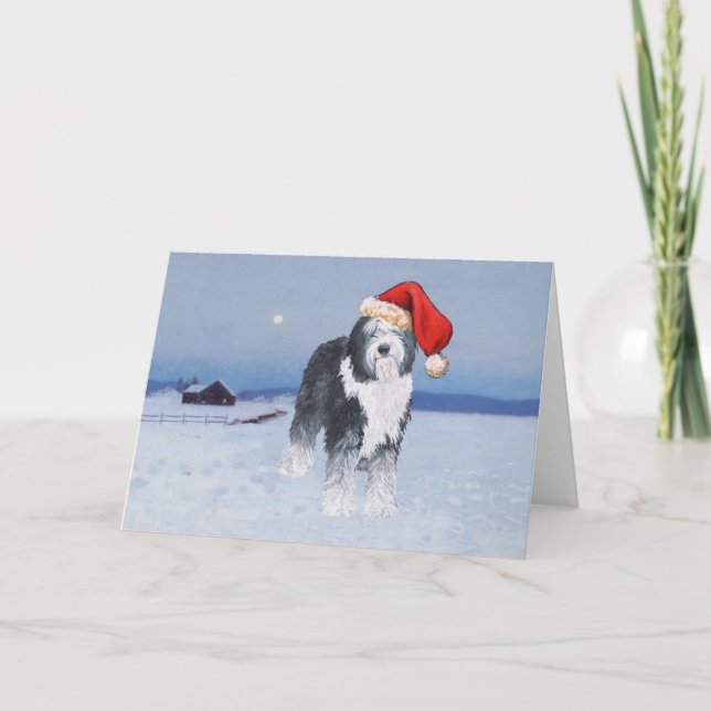 Gammalgammal engelsk fårehund jultomte mössa helgkort (Framsida)