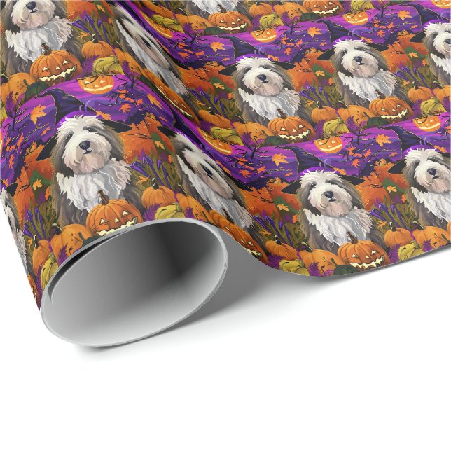 Gammalgammal engelsk fårhund Halloween häxa pumpa Presentpapper (Rullad Hörn)