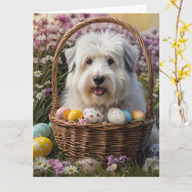 Gammalgammal engelsk fårhund påskägg kort (Gul blomma)