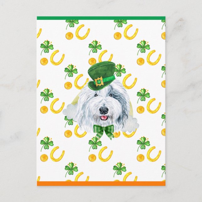 Gammalgammal engelsk fårhund Shamrock St. Patricks Helg Vykort (Framsida)