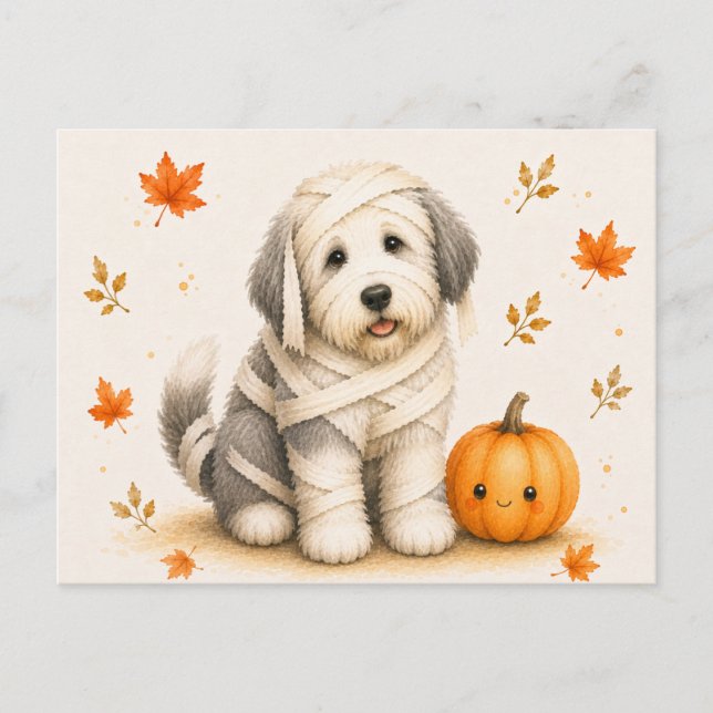Gammalgammal engelsk herdehund mumie Halloween Vykort (Framsida)