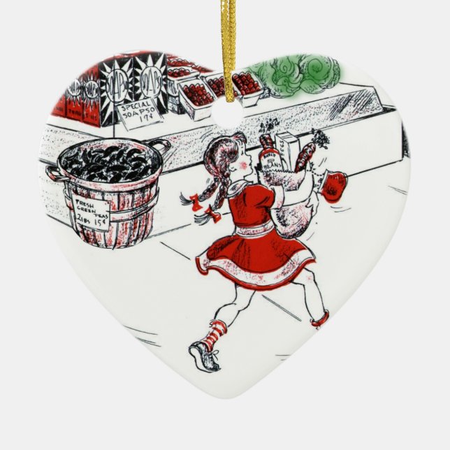 Gammalmodig livsmedelsbutik och liten flicka julgransprydnad keramik (Framsidan)