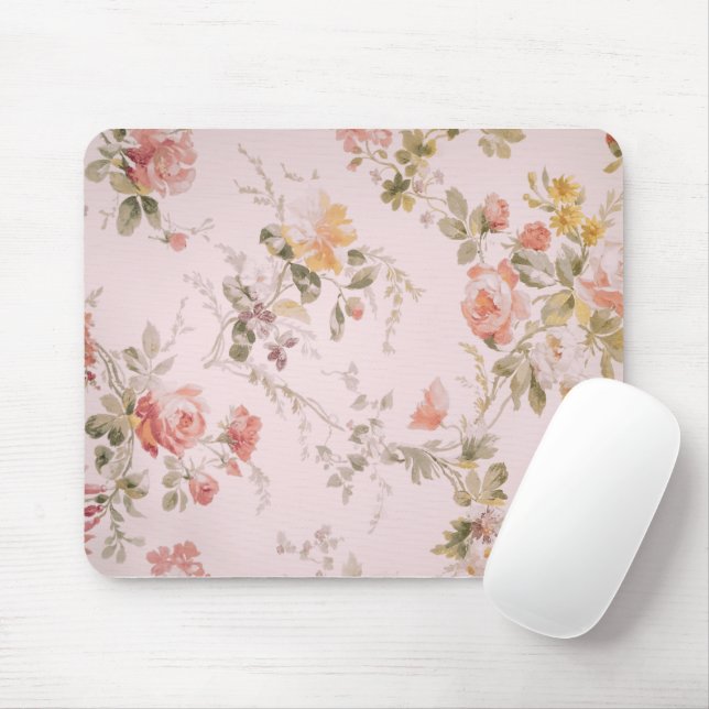 Gammalmodig Rosa Blommigt Tapet Mouse Pad Musmatta (Med mus)