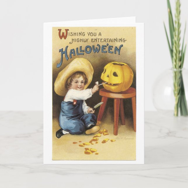 Gammalmodiga Halloween pojke gör jack-o'lyktan Kort (Framsida)