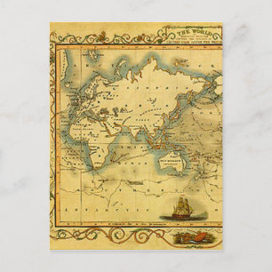 Gammalt antik World Map-vykort Vykort