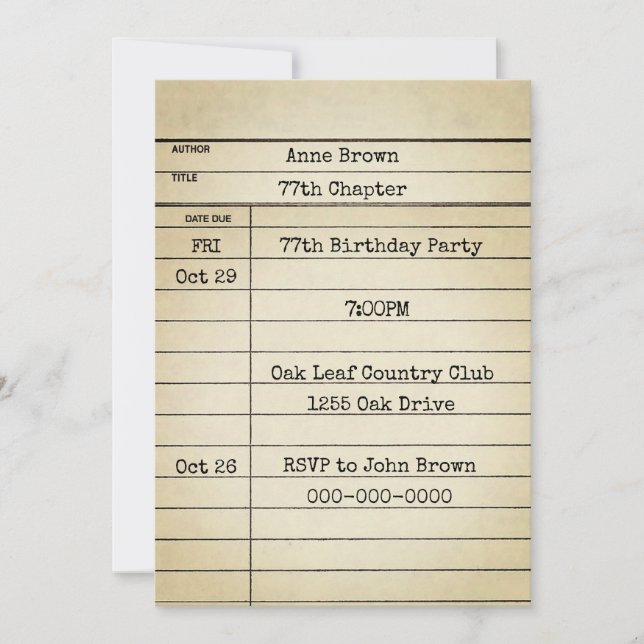 Gammalt bibliotekskort 77-årsfest inbjudningar (Framsida)