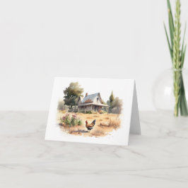 Gammalt gårdshus med kyckling och blommor kort