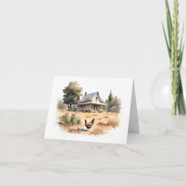 Gammalt gårdshus med kyckling och blommor kort (Framsida)