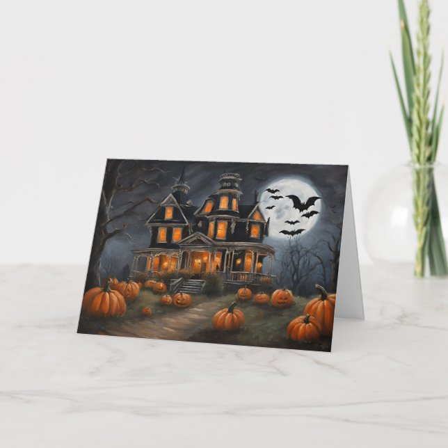 Gammalt Halloween-hus och pumpor  Helgkort (Framsida)