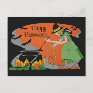 Gammalt Halloweenteckning av gammal häxa & fladder Vykort