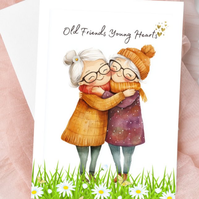 Gammalt kort för unga vänner - tomt hälsningskort (Old Friends, Young Hearts Blank Greeting Card)