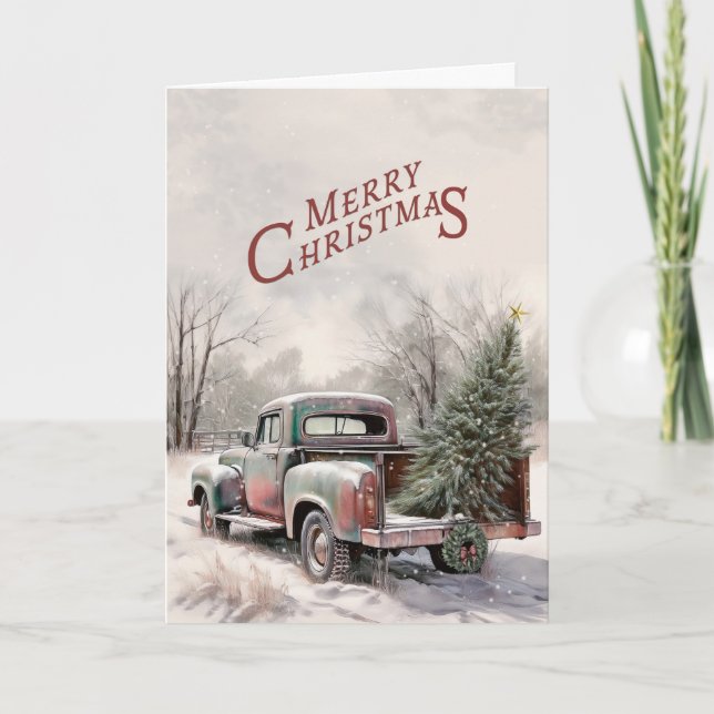 Gammalt lastbils- och julgran julkort kort (Framsida)